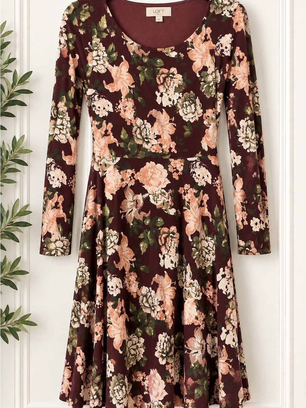 LOFT Outlet Burgundy Floral Long Sleeve Fit & Flare Dress Size M NWOT